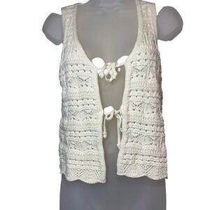 Cotton Emporium Crochet‎ Knit Vest Sleeveless Tie Front Ivory Boho Cottage Sz M